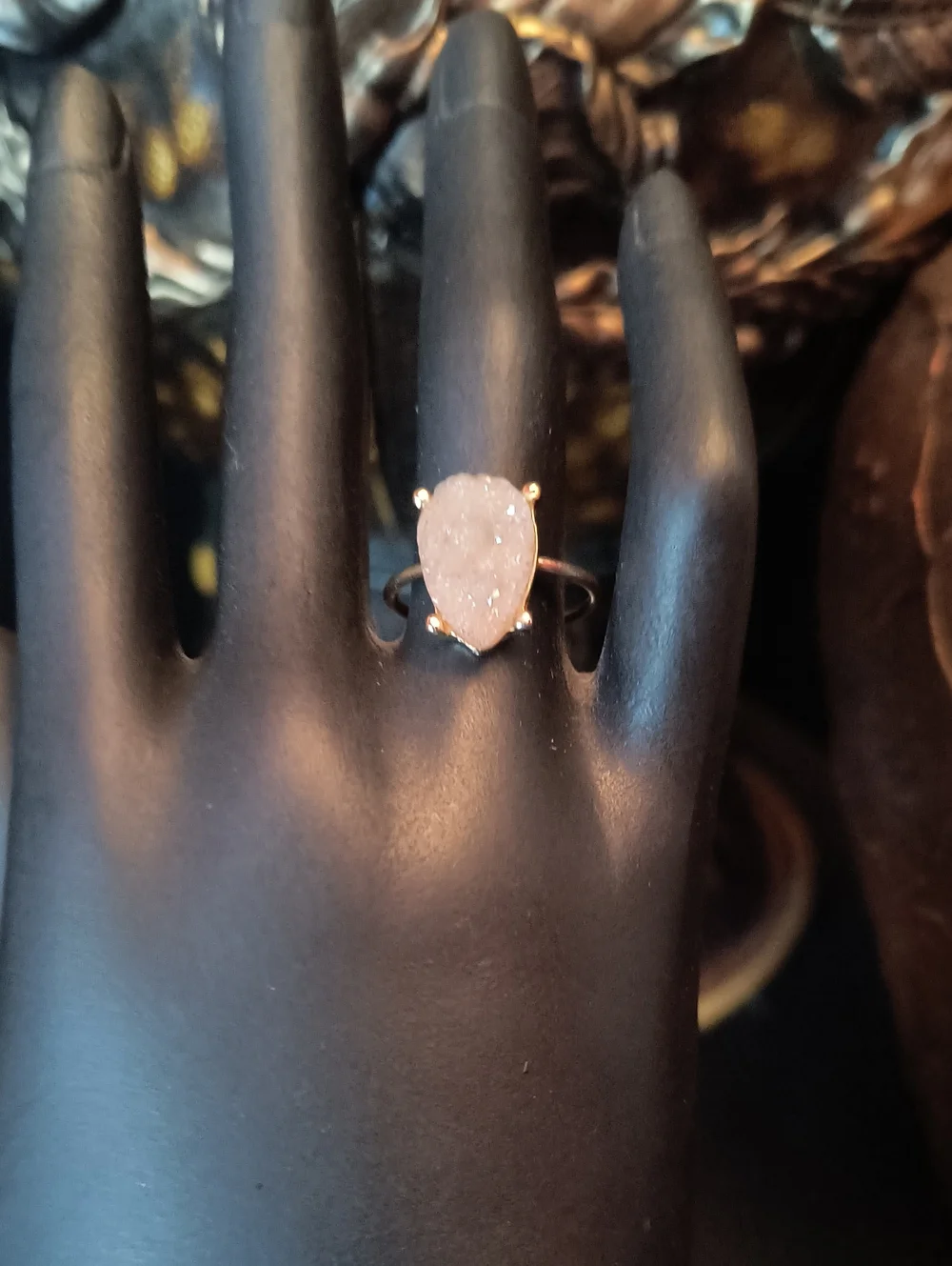 Rose Quartz Teardrop Druzy Ring - Gold Tone